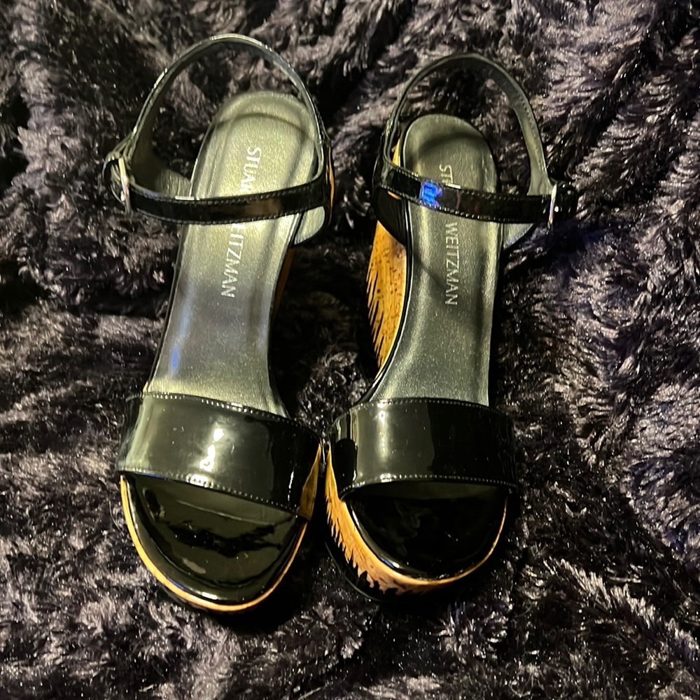 Stuart Weitzman cork and black wedges excellent condition